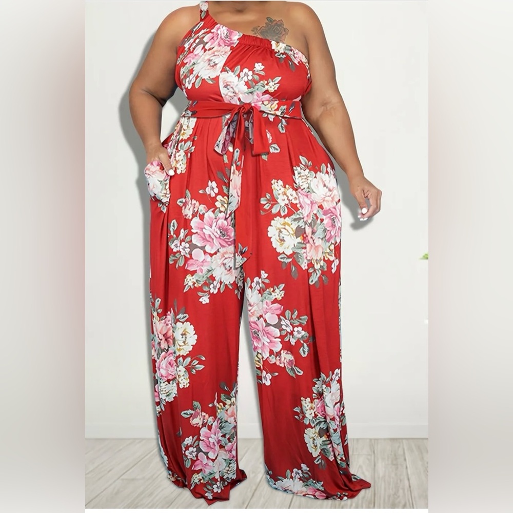 Red Floral Jumpsuit with Wide-Leg Silhouette